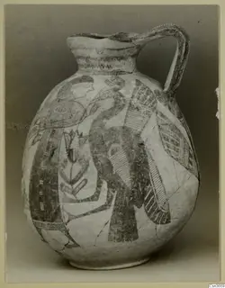 Bichrome IV jug with painted decoration showing a human head in profile and a long-necked bird with striped wings