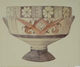 Watercolour drawing of a footed vessel with two small handles, painted with flower panels and a central V-shaped motif