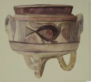 Watercolour drawing of a painted pottery jug on three loop feet, with a dark bird-like motif on the body
