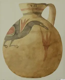 Watercolour drawing of a round-bodied jug with a dark bird-like figure and red painted motifs.