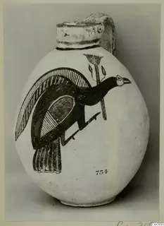 Painted jug with a dark bird and flower motif, Pottery Bichrome IV