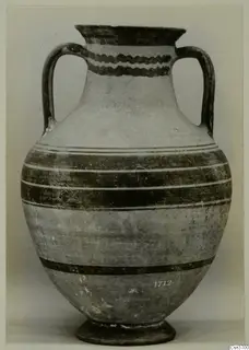 Two-handled jar with a flared rim, wavy painted bands on the neck and dark horizontal bands on the body
