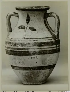 Two-handled vessel with dark banded decoration and leaf-shaped motifs, Jonian Ware, labelled 1713