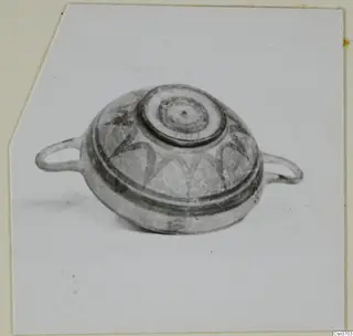 Two-handled vessel with a flat central top disc and dark painted bands and curving motifs on its body