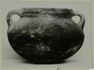 Coarse ware pot with a wide, rounded body and two loop handles, seen from the side