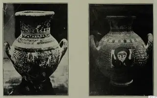 Two views of a painted two-handled jar with a face motif on its body, shown side by side on a card.