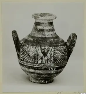 Painted pottery vessel with two loop handles, a flared neck and a diamond-lattice band on the body.