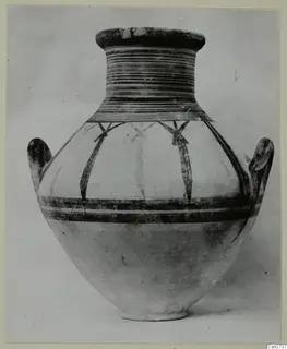 Pottery Bichrome V jar with two handles, a banded neck and dark painted bands on its body
