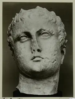 Roman sculpture: pale stone head with short curled hair, photographed from the front against a dark backdrop