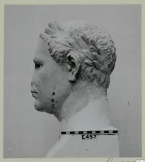 Sculpted stone head and upper bust in left profile, with curly hair, shown beside a scale bar