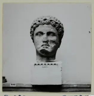Stone head with rows of curled hair, set on a plain square block with a scale bar
