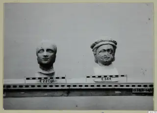 Two stone heads side by side on a wooden shelf, each in front of a scale bar and a number label