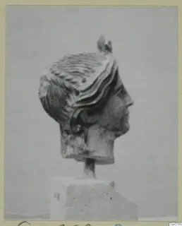 Sculpted stone head in profile, facing right, with ridged hair and a knot at the crown, on a stone block base