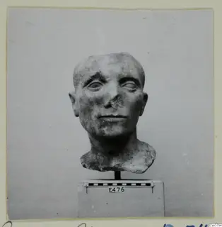 Roman sculpture of a man's head on a stand, with a damaged nose