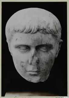 Roman sculpture: head in pale stone with short curled hair and a damaged nose, photographed against black