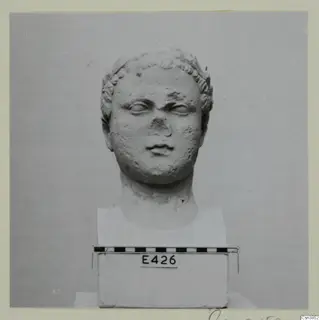 Carved stone head of a statue with short curled hair, on a white block base with a scale bar in front.