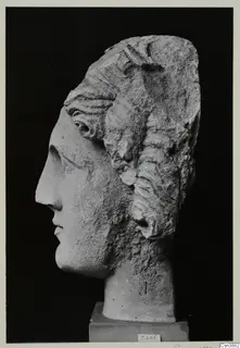 Carved stone female head in profile, facing left, with a broken top and a wavy hairstyle.