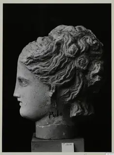 Female head sculpture in profile facing left, with wavy hair gathered at the back of the head, on a square stand.
