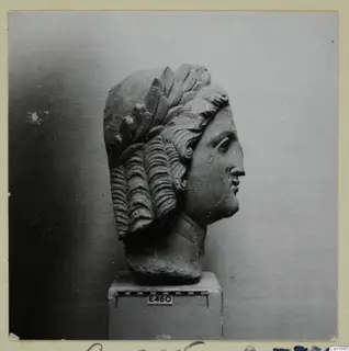Stone head of a figure in right profile, with rows of deep curls and leaf-like locks over the crown; Hellenistic and Roman sculpture