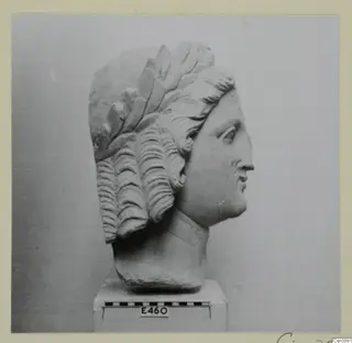 Profile of a stone head with a leaf wreath and curled hair, on a plinth with a scale bar and number label.
