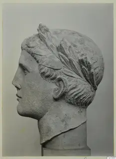 Stone head of a figure in profile facing left, with a band of leaves in the hair, set on a fluted support