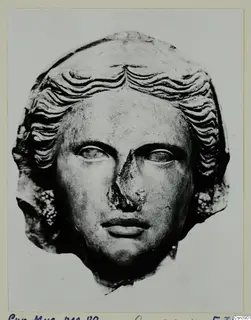 Head of a female sculpture in stone with wavy hair, the nose broken away, shown against a light background.