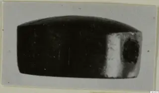 Dark stone object with a domed top and a small round mark on one end, on a grey card mount.