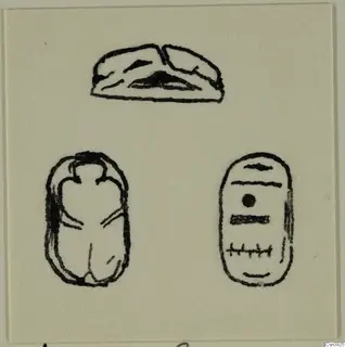 Drawing of three seals and scarabs from Ayia Irini on a cream card, in side, back and base views.