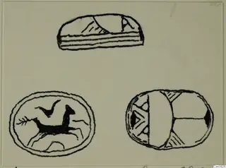 Ink drawing of three seals or gems: one shows a running animal, the others have geometric patterns.