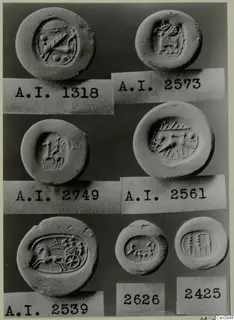 Seven engraved seals or seal impressions, each with a numbered label, including a horse drawing a chariot.