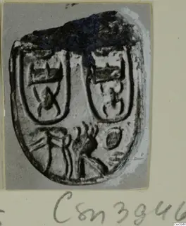 Oval seal with engraved design, photographed face-on on a grey card mount