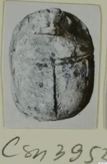 Oval scarab-shaped seal with incised lines across its back, photographed on a pale card mount