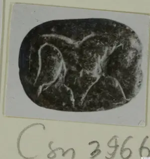 Dark oval seal or gem with pale incised lines, shown on a card mount