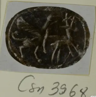 Oval engraved gem with a bird-like figure and a branching motif, photographed on a grey card with a number label