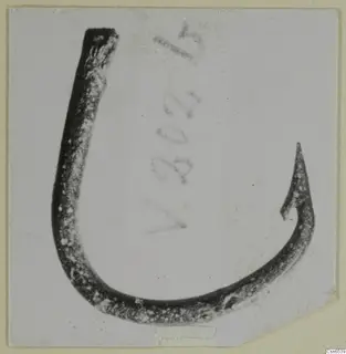 Curved metal tool with a pointed end, photographed on a mounted card; Vouni bronze tools