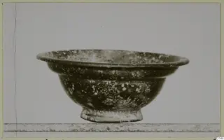 Blown glass bowl with a wide flared rim and short foot, its surface dark and speckled with white weathering.