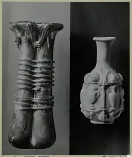 Two blown glass vases photographed side by side: a double-tube vase with coiled trails and a small vase with applied relief decoration.