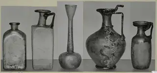 Five blown glass vessels, including jugs with strap handles, shown in separate photographs side by side.