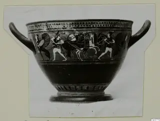 Two-handled bowl with black glaze and a painted band of helmeted figures, horses and spears around its side