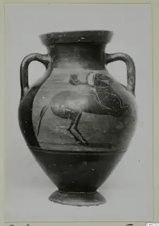 Two-handled jar with a painted horse and rider, photographed against a pale background