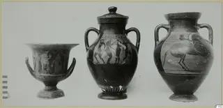 Three painted pottery vessels: a footed bowl, a lidded two-handled jar and a jar with a horse and rider.