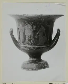 Painted pottery vessel with figures in a band above a key pattern
