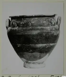 Wide two-handled vessel with pale painted garland decoration, photographed on a card mount