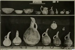 Pottery bowls and jugs from Lapithos Markides, T.203, arranged in two rows against a dark background.
