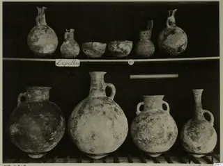 Pots and bowls from Lapithos Markides T.205, arranged on two shelves against a dark background