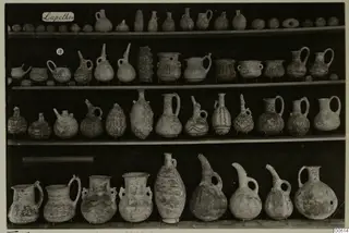 Jugs, juglets and bowls from Lapithos Markides, T.18.A, arranged on four wooden shelves