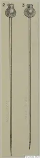 Line drawing of two long pins with round, notched heads
