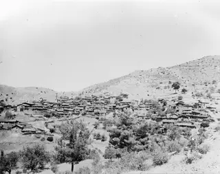 Hillside village of closely built flat-roofed houses with trees in the foreground, seen from below.