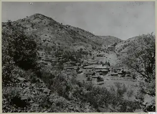 View of the village of Lazania on a hillside, with flat-roofed houses clustered on the slope and trees in the foreground.