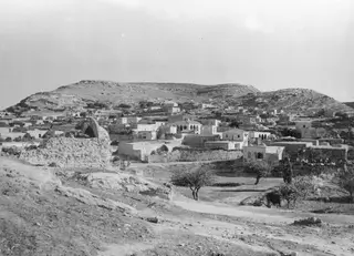 Village of Galinoporni on a hillside in the Karpas peninsula, with stone houses, a rocky hill and trees.
